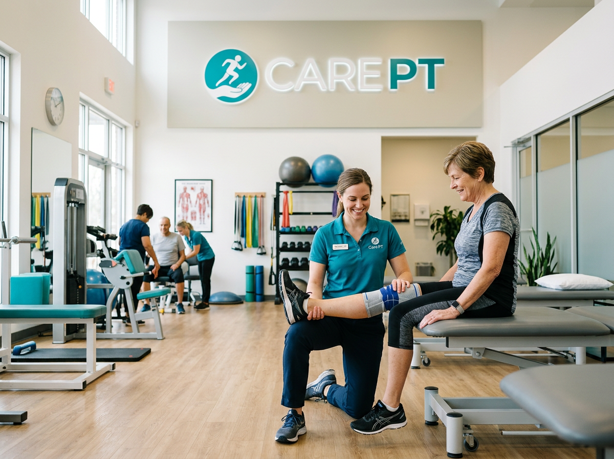 A physical therapist guiding a patient through a gentle stretching exercise
