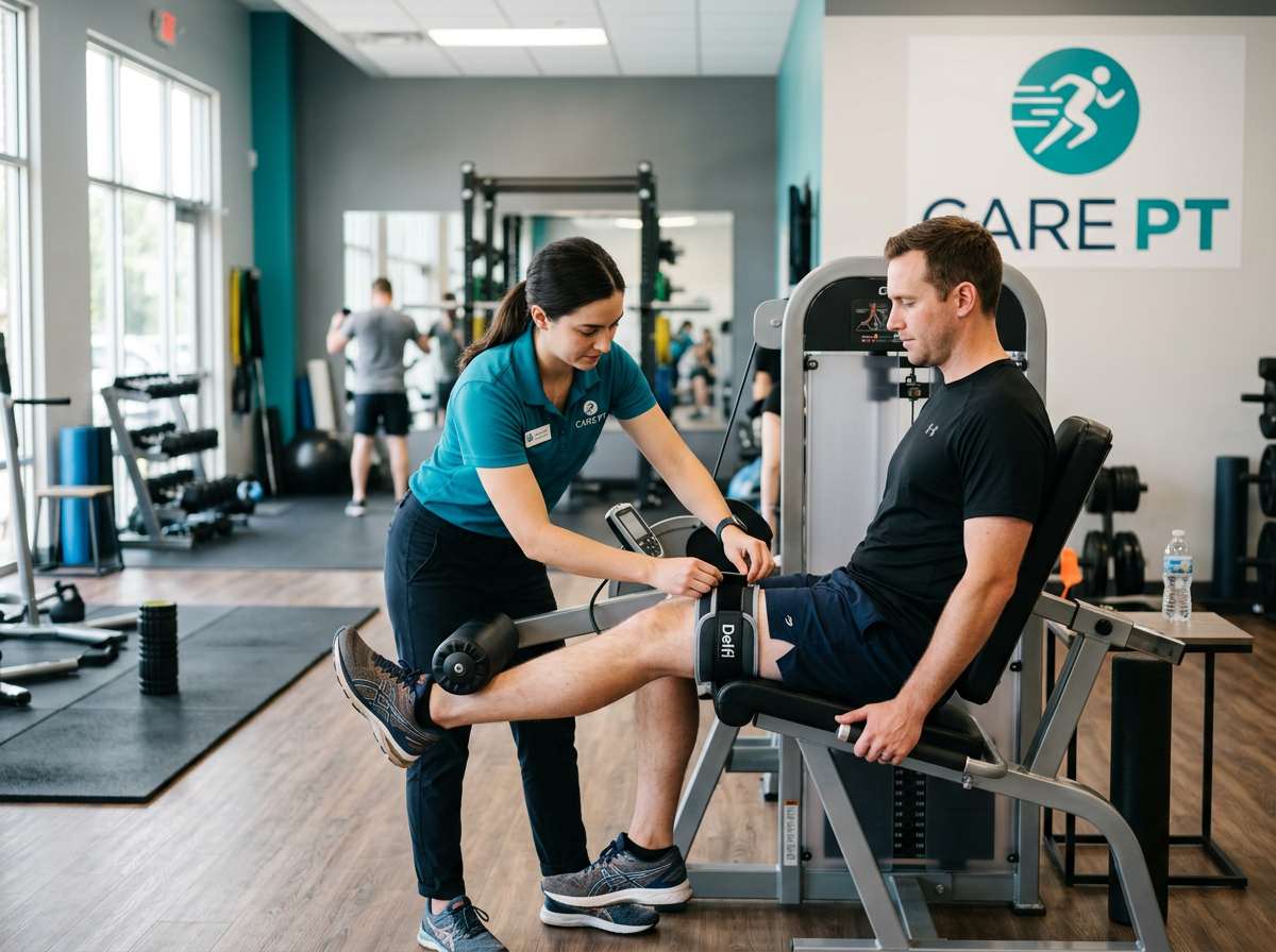 Patient training with a blood flow restriction cuff on the leg guided by a therapist