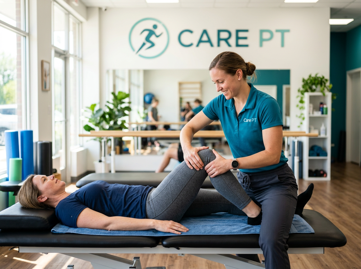 Therapist performing a hands-on joint mobilization on a patient’s knee