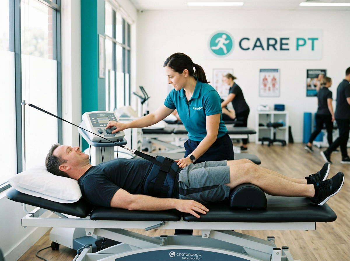 Patient on a lumbar traction table with a Care PT therapist adjusting the unit